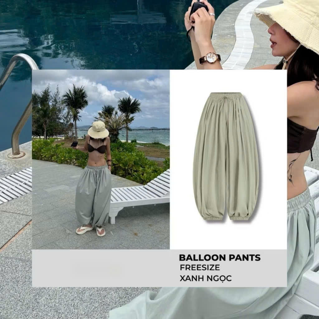 Quần Balloon Pants Nữ Ống Bom Rộng Cạp Chun Bo Gấu Vải Gió Mềm Nhẹ Thoáng Mát Trendy Đồ Đôi Đi Biển Joolate