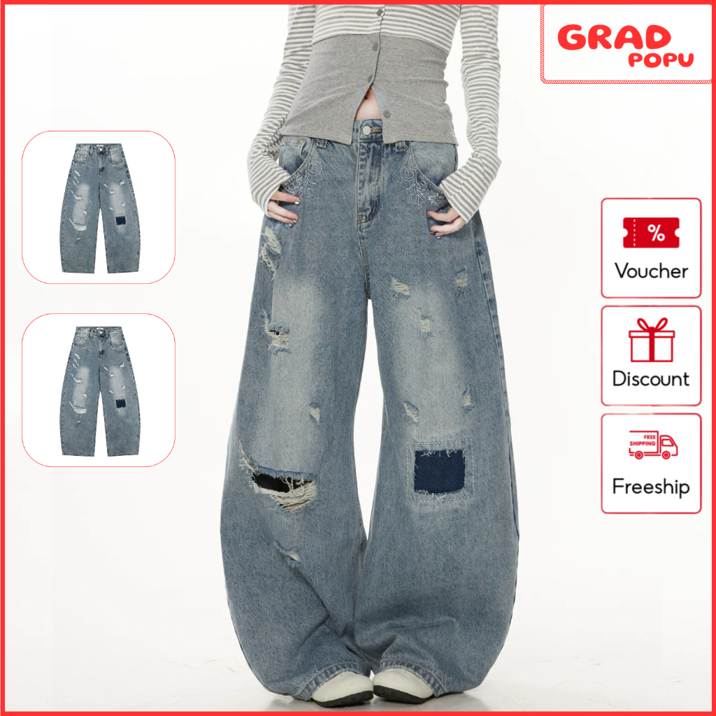 Quần jeans nữ GRADPOPU ống rộng rách thời trang form baggy lưng cao phong cách cá tính QJ13
