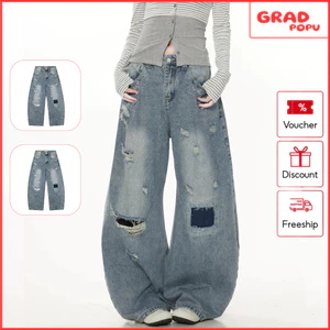 Quần jeans nữ GRADPOPU ống rộng rách thời trang form baggy lưng cao phong cách cá tính QJ13