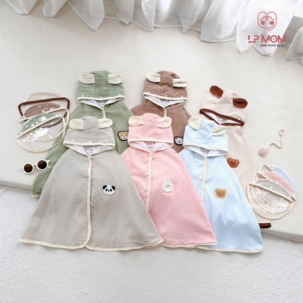 [CN03+ Mũ Kính] Áo choàng chống nắng 3 lớp cho bé, chống bụi chống giọt bắn, tai gấu bảng màu pastel Phong cách Hàn