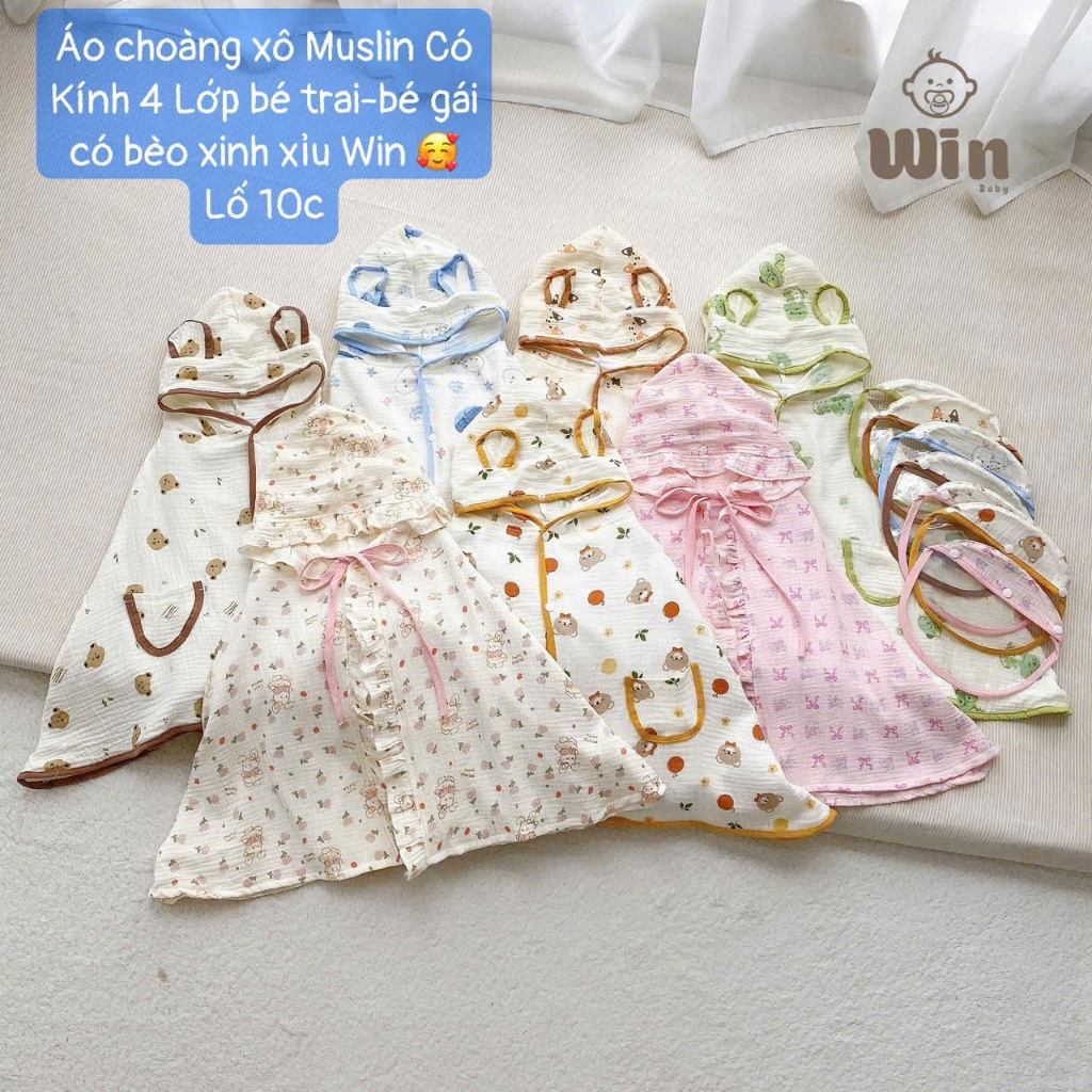 CN02-kèm mũ kính] Áo choàng chống nắng 4 lớp cho bé, vải xô muslin cao cấp, Chắn gió, chăn bụi, chống giọt bắn cho bé