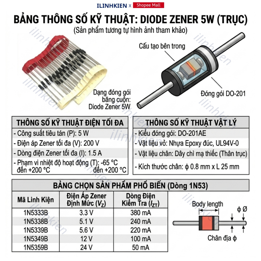 Diode zener 5W 13V/14V/15V/16V/17V/18V/20V/22V/24V/25V/28V/30V/33V chất lượng cao ilinhkien.
