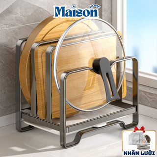 Kệ Cài Nắp Vung Nồi Thép Carbon Chống Gỉ MAISON, Giá Để Thớt Đa Năng Kèm Khay Thoát Nước, Kệ Bếp Gọn Gàng