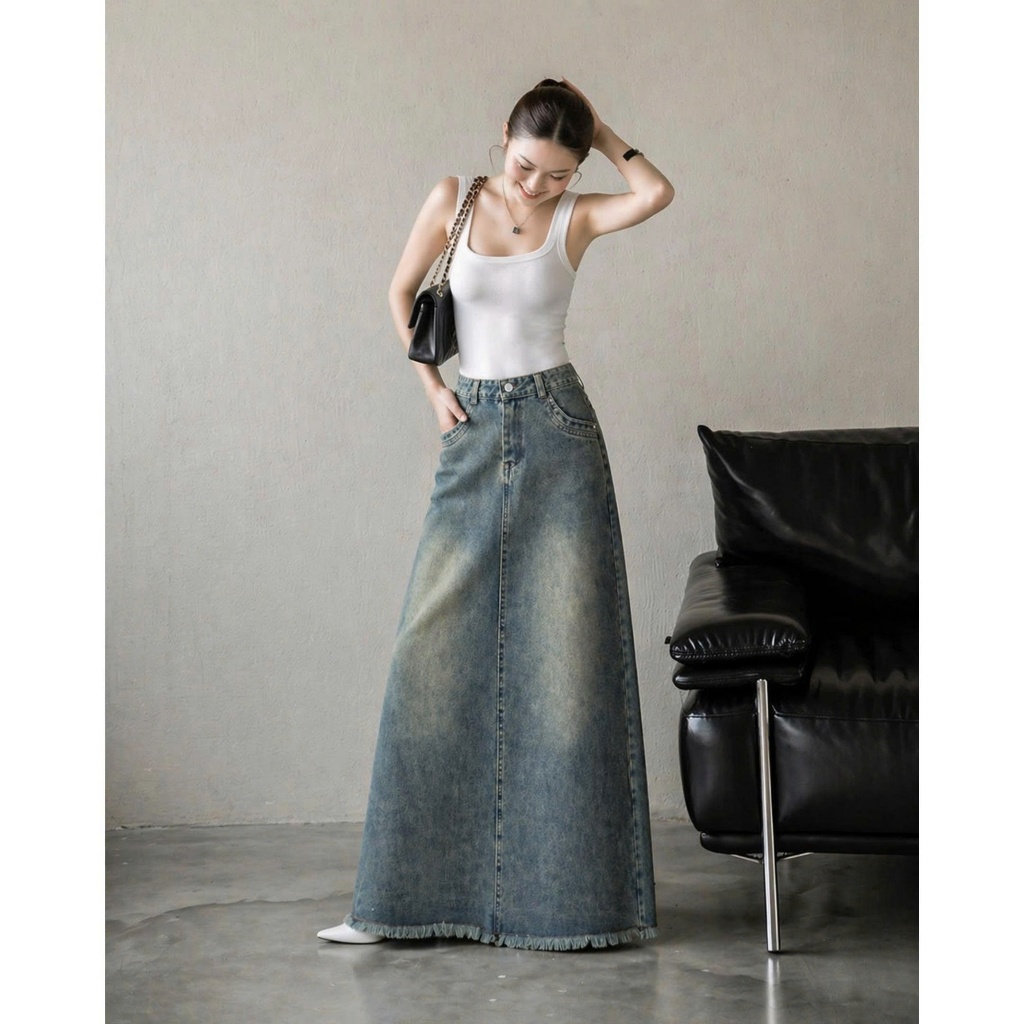 Chân váy jeans nữ dáng dài cạp cao xẻ tà tua gấu siêu xinh xắn đáng yêu cho mùa hè ED41