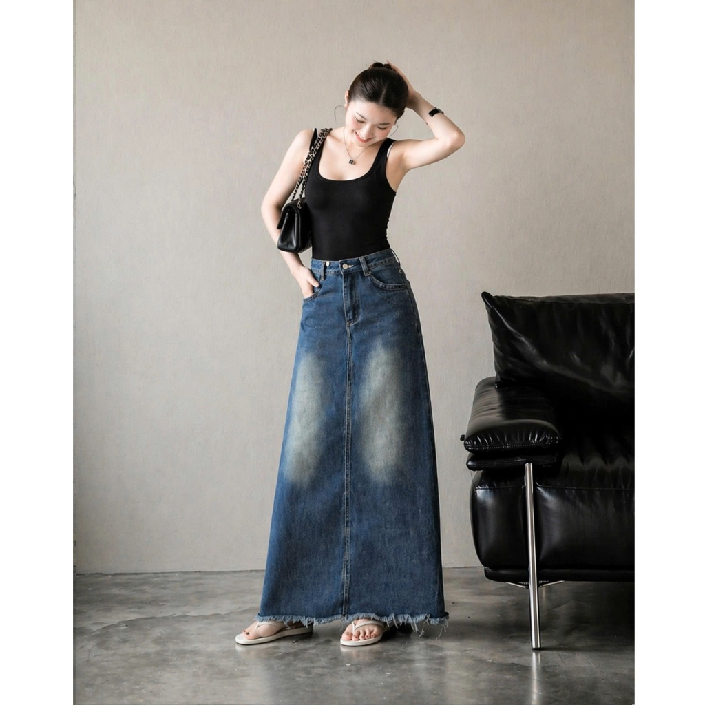 Chân váy jeans nữ dáng dài cạp cao xẻ tà tua gấu siêu xinh xắn đáng yêu cho mùa hè ED41