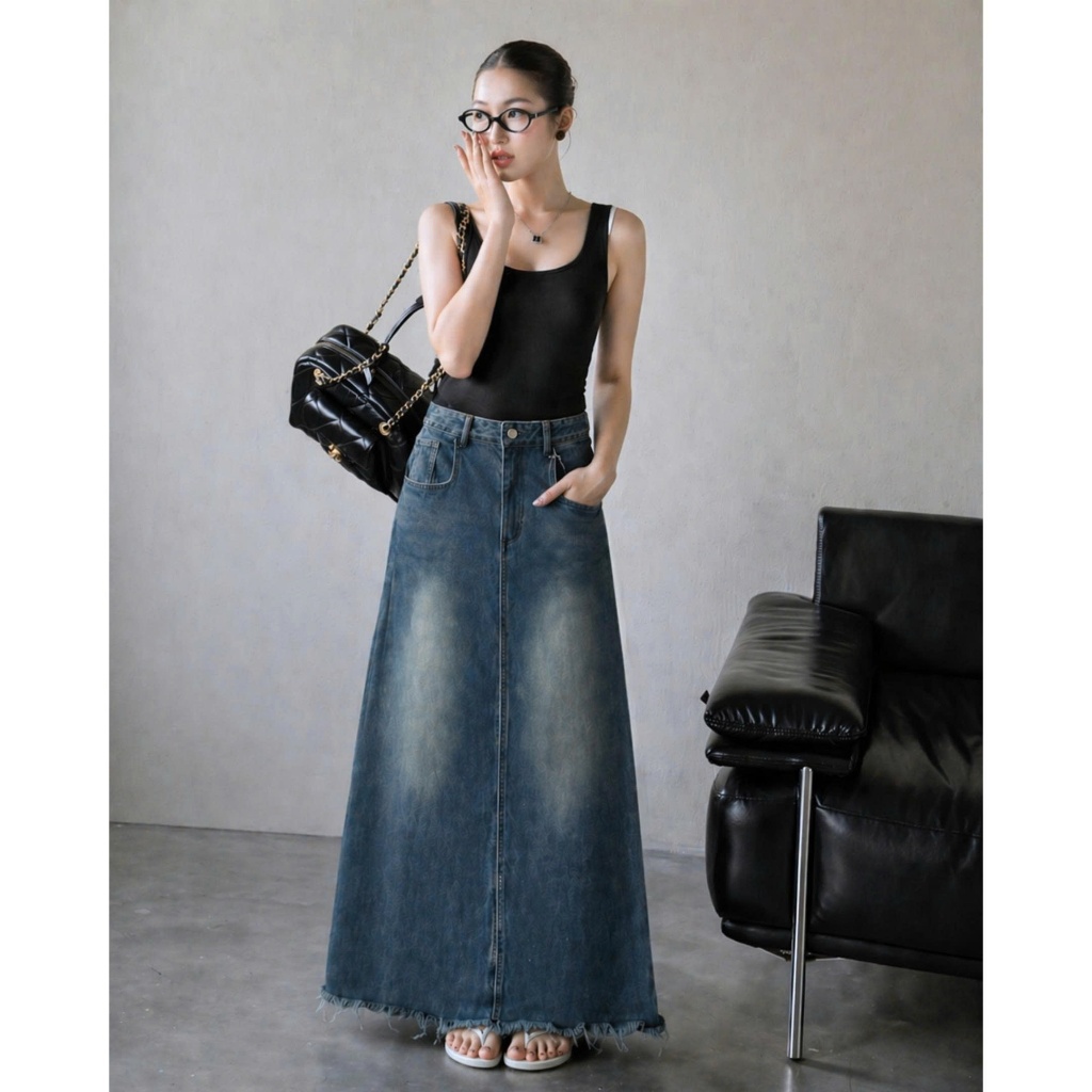 Chân váy jeans nữ dáng dài cạp cao xẻ tà tua gấu siêu xinh xắn đáng yêu cho mùa hè ED41