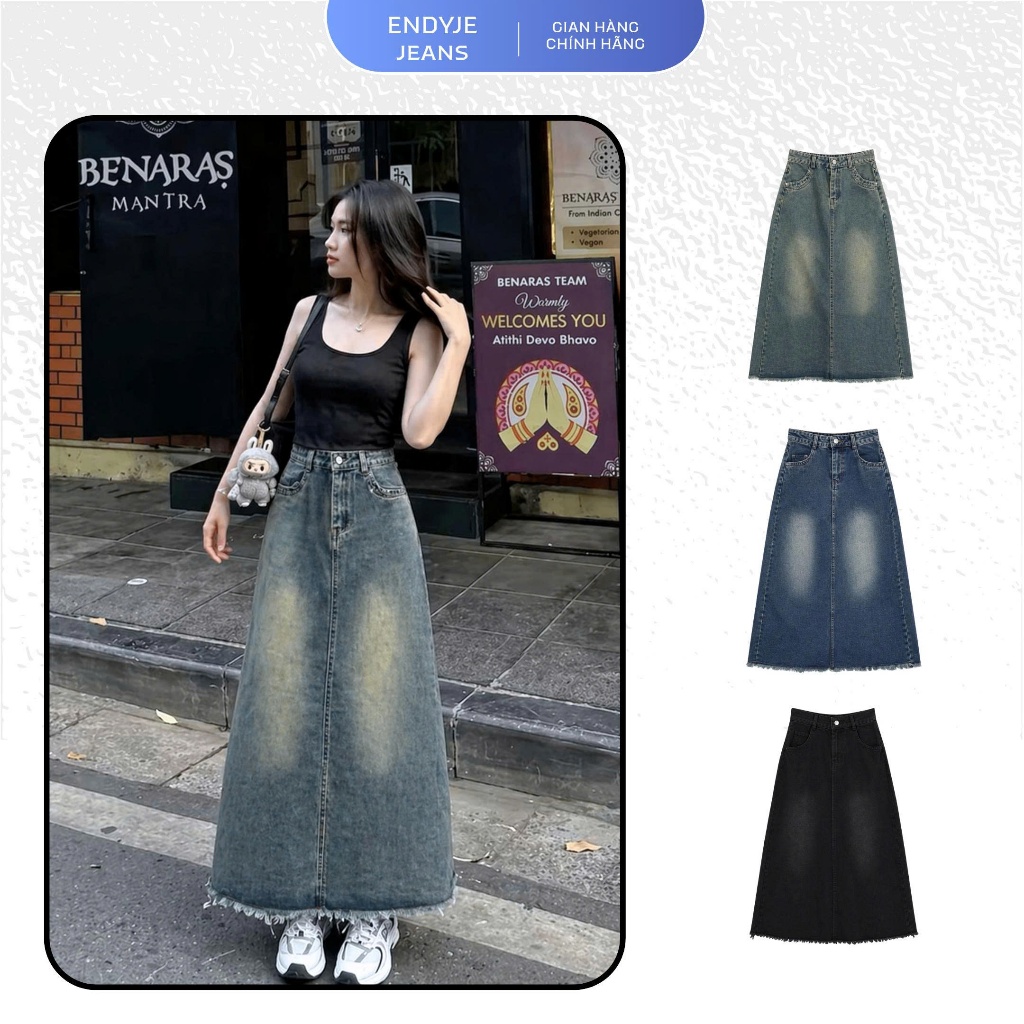 Chân váy jeans nữ dáng dài cạp cao xẻ tà tua gấu siêu xinh xắn đáng yêu cho mùa hè ED41