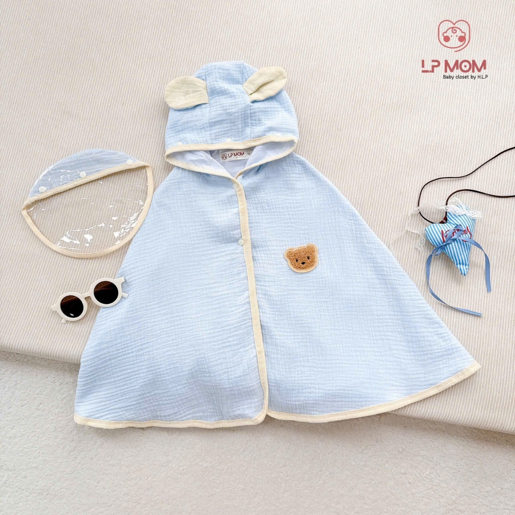 [CN03+ Mũ Kính] Áo choàng chống nắng 3 lớp cho bé, chống bụi chống giọt bắn, tai gấu bảng màu pastel Phong cách Hàn