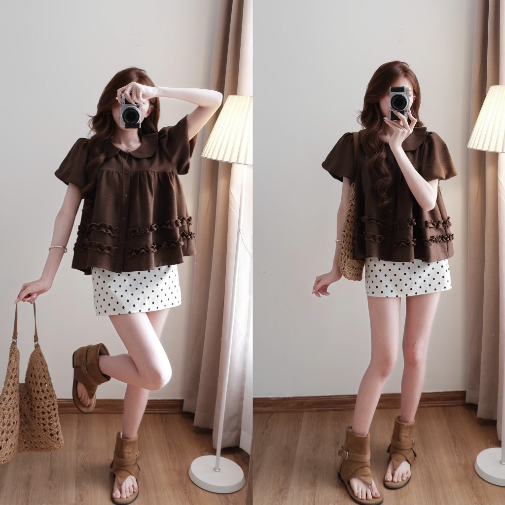 Áo babydoll cổ sen XIXEOSHOP phối bèo xinh tay phồng - A36