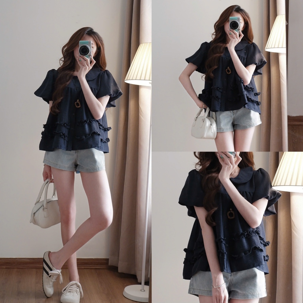 Áo babydoll cổ sen XIXEOSHOP phối bèo xinh tay phồng - A36