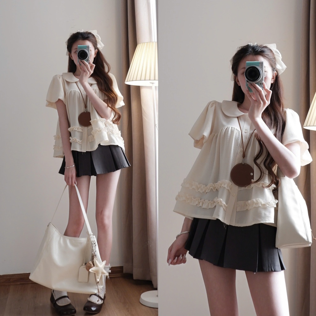 Áo babydoll cổ sen XIXEOSHOP phối bèo xinh tay phồng - A36