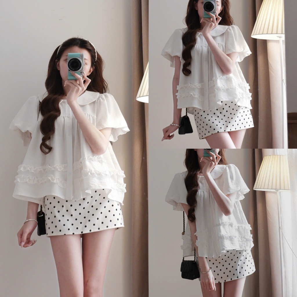 Áo babydoll cổ sen XIXEOSHOP phối bèo xinh tay phồng - A36