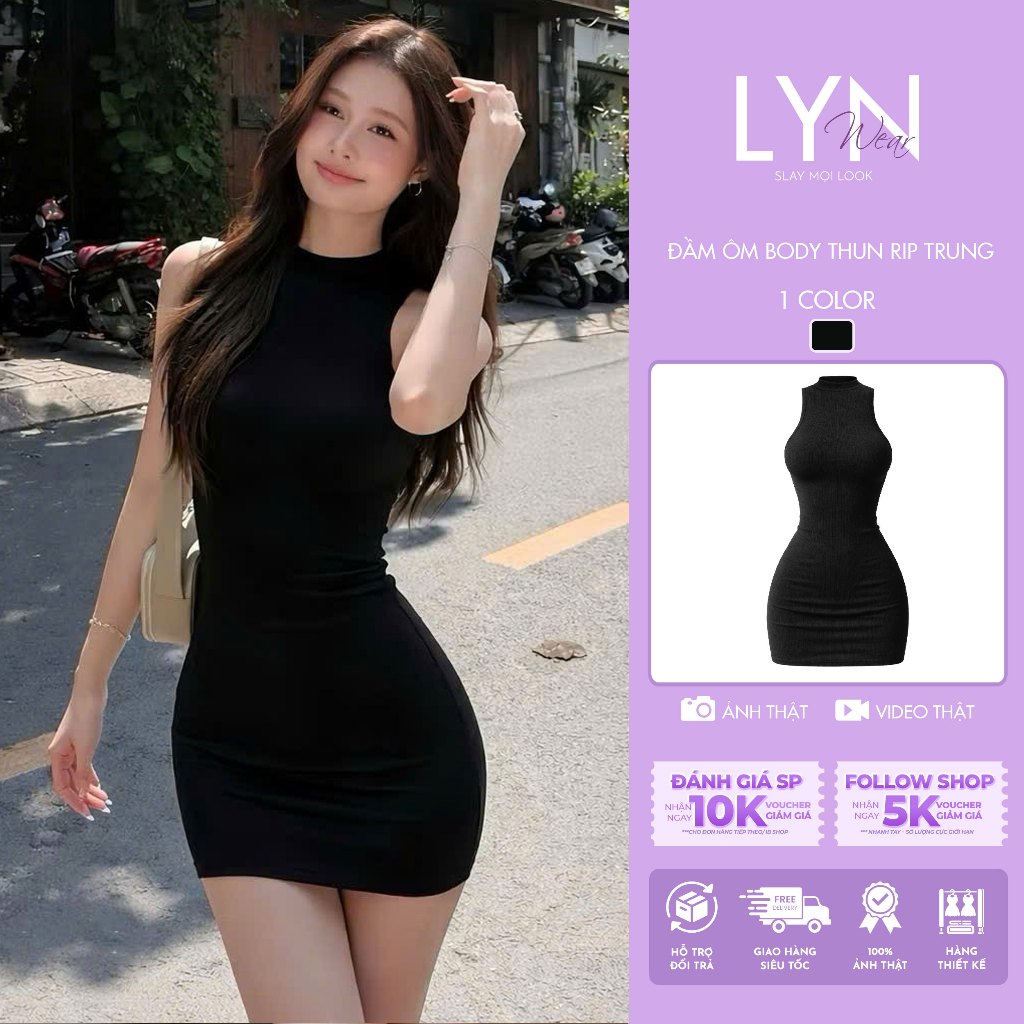 | LYN WEAR | Đầm ôm body sát nách thun rip Trung mịn mát, đầm Basic màu đen dễ phối.