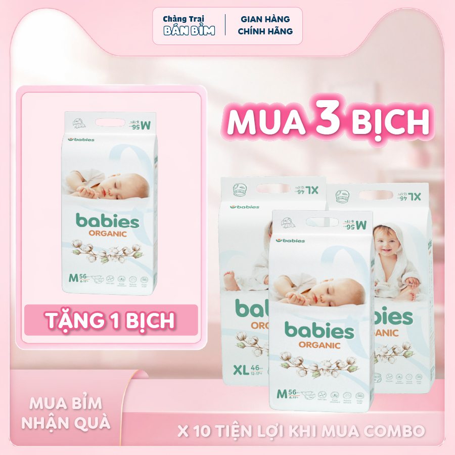 [3+1] Combo 4 Bịch Tã/Bỉm Babies Organic Siêu Thấm Hút 1200ml, Mềm mịn, An toàn với da bé size NB/S/M/L/XL/2XL