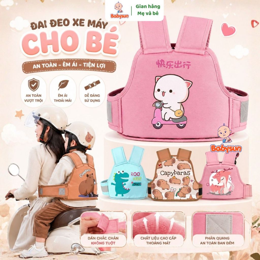 Đai đi xe máy , xe điện bảo vệ an toàn cho bé - Đai đeo Vai, thắt lưng khoá bảo vệ có phản quang ,lưới thoáng khí cho bé