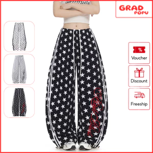 Quần jogger nữ GRADPOPU ống rộng phối ghép sọc họa tiết sao in dáng cong phong cách cá tính QD41