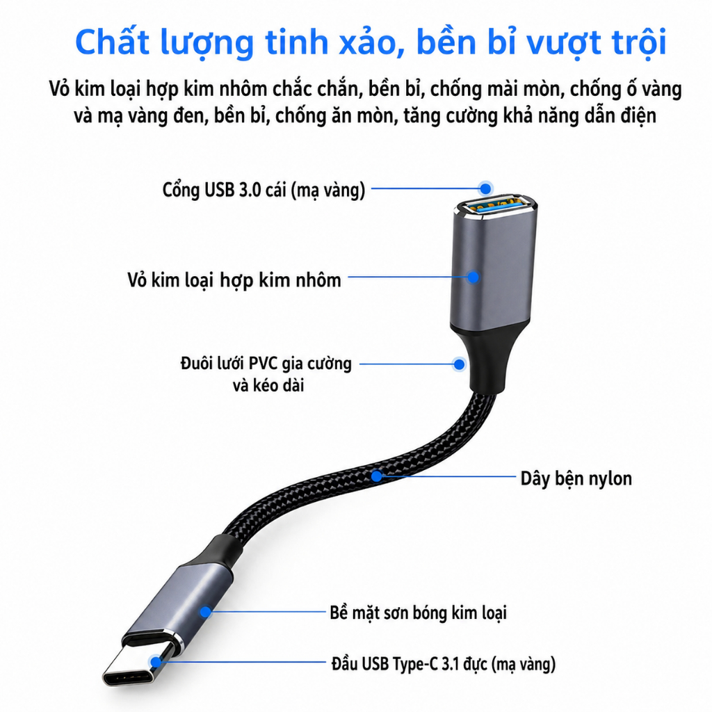 Cáp USB Type C Sang USB 3.0 OTG NYT Dù Hợp Kim Tốc Độ Cao 5Gbps
