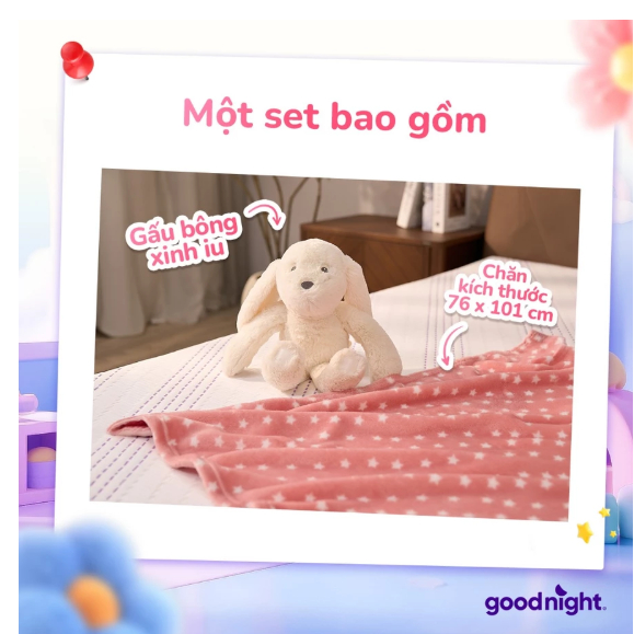 [QUÀ TẶNG] Chăn bé đi học Goodnight Bunny - Set gấu bông kèm chăn cao cấp