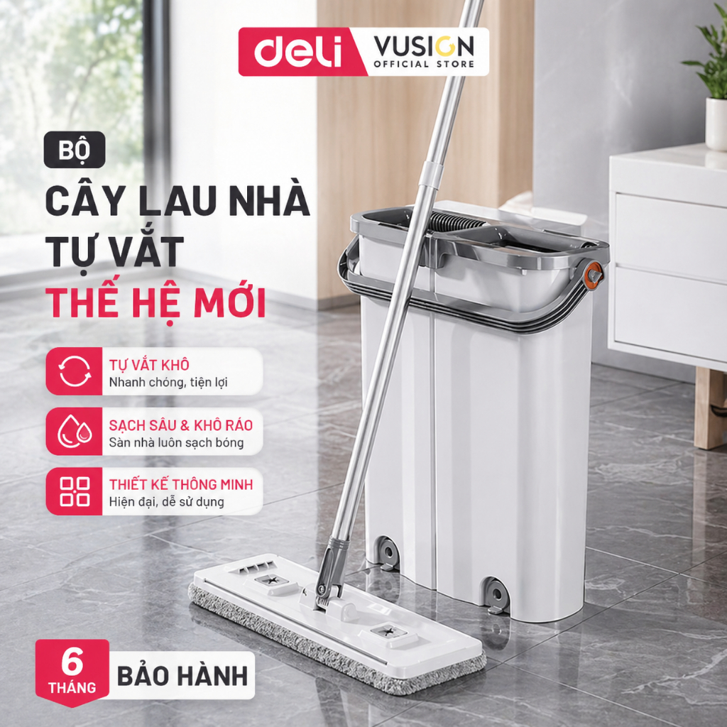 Bộ Cây Lau Nhà Tự Vắt Thông Minh Thế Hệ Mới Deli 4 Hệ Thống Làm Sạch Chổi Lau 360 Độ Siêu Mỏng Có Lỗ Thoát Nước