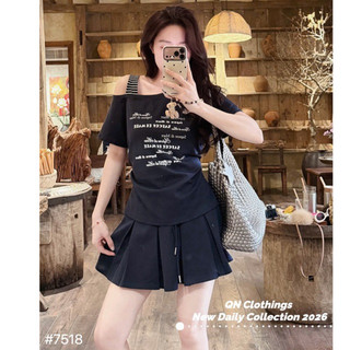 QCL1 7518 Set áo chữ lệch vai phối quai kẻ +chân váy xếp ly cạp chun dây rút mới về siêu xinh(Freesize)