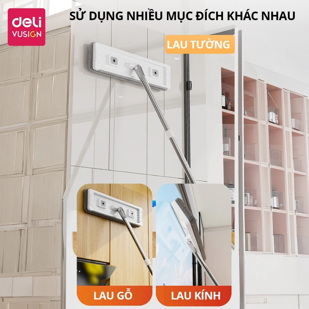 Bộ Cây Lau Nhà Tự Vắt Thông Minh Thế Hệ Mới Deli 4 Hệ Thống Làm Sạch Chổi Lau 360 Độ Siêu Mỏng Có Lỗ Thoát Nước