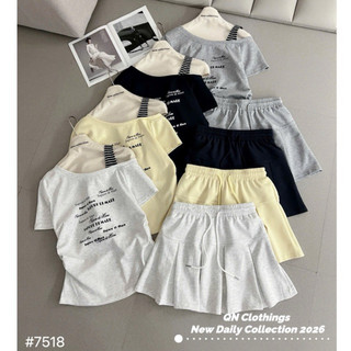 QCL1 7518 Set áo chữ lệch vai phối quai kẻ +chân váy xếp ly cạp chun dây rút mới về siêu xinh(Freesize)
