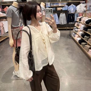(HAVANA) Set áo tơ babydoll SURI tay dài phối bèo kiểu kèm áo hai dây trong SAT397