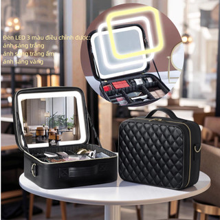 Cốp Đựng Đồ Makeup Da PU Có Gương Đèn LED - Chống Nước Chống Sốc Xách Tay Du Lịch Chuyên Nghiệp[🎁Tặng kính râm]