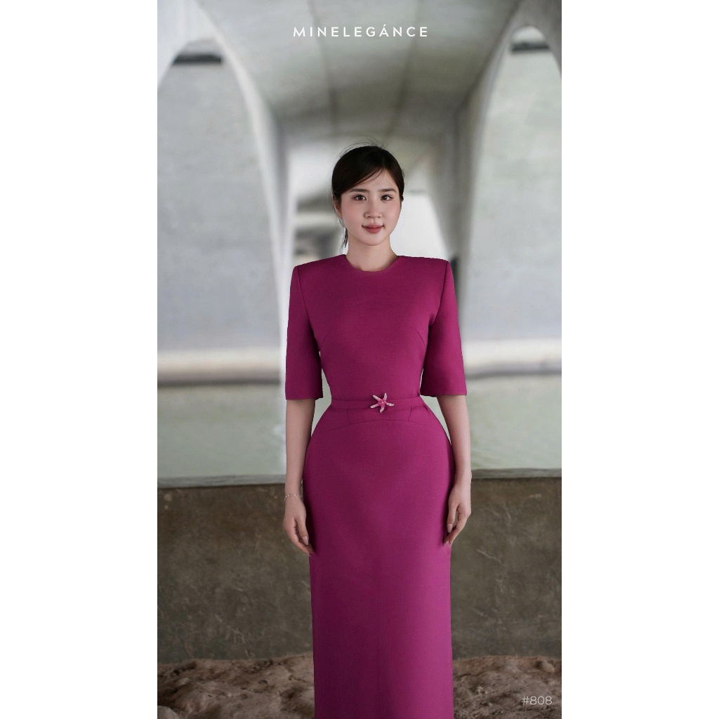 MINELEGÁNCE | VÁY CỔ TRÒN ĐAI ĐÁ DÁNG DÀI, SANG TRỌNG, THANH LỊCH - MIN808