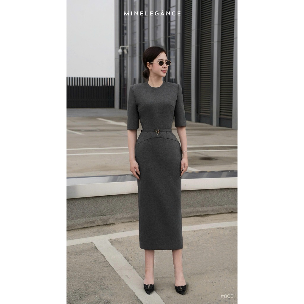 MINELEGÁNCE | VÁY CỔ TRÒN ĐAI ĐÁ DÁNG DÀI, SANG TRỌNG, THANH LỊCH - MIN808