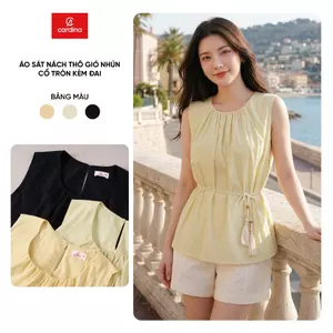 Áo kiểu nữ CARDINA chất liệu thô gió sát nách nhún cổ tròn kèm đai 6AKS08
