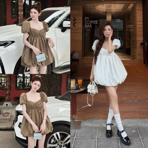 Áo dáng váy babydoll tay bồng A53 SM nâu