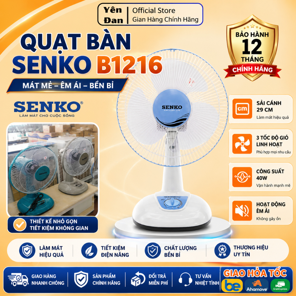 Quạt Điện Để Bàn Senko B1216 40W, 3 Chế Độ Gió, Quạt Mát Mạnh, Tiết ...