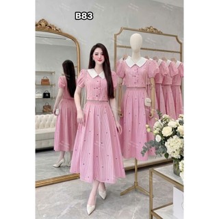 Set váy thời trang nữ họa tiết nơ xinh xắn chất lụa kẻ sọc áo tay ngắn cổ bẻ phối chân váy dài dáng xòe nhã nhặn