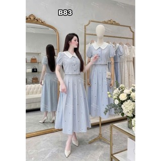 Set váy thời trang nữ họa tiết nơ xinh xắn chất lụa kẻ sọc áo tay ngắn cổ bẻ phối chân váy dài dáng xòe nhã nhặn
