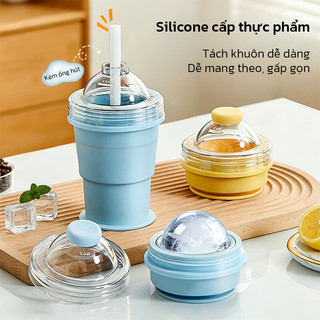 YOWXll  Cốc Gấp Gọn Du Lịch Kết Hợp Làm Đá Viên , Khuôn Làm Đá Kèm Cốc Silicone Có Ống Hút Tiện Lợi