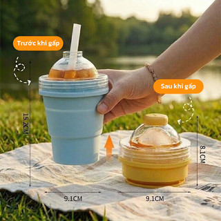 YOWXll  Cốc Gấp Gọn Du Lịch Kết Hợp Làm Đá Viên , Khuôn Làm Đá Kèm Cốc Silicone Có Ống Hút Tiện Lợi