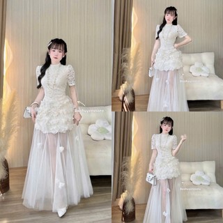 Đầm thời trang nữ sang chảnh yểu điệu chất ren cao cấp đính hoa xinh tay ngắn cổ tròn cao phối váy lưới dài dáng xòe