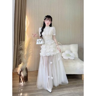 Đầm thời trang nữ sang chảnh yểu điệu chất ren cao cấp đính hoa xinh tay ngắn cổ tròn cao phối váy lưới dài dáng xòe