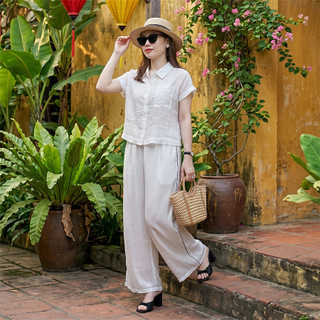 Bộ Sơ Mi Thư, Set bộ nữ áo tay ngắn cùng quần ống suông lưng thun chất liệu đũi tơ xước cao cấp, mặc lên dáng thanh lịch