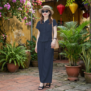Bộ Sơ Mi Thư, Set bộ nữ áo tay ngắn cùng quần ống suông lưng thun chất liệu đũi tơ xước cao cấp, mặc lên dáng thanh lịch