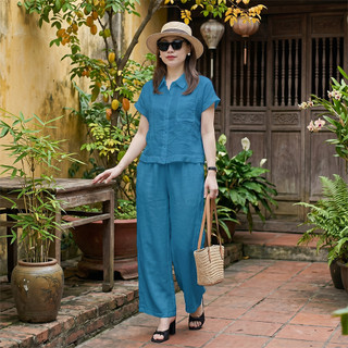Bộ Sơ Mi Thư, Set bộ nữ áo tay ngắn cùng quần ống suông lưng thun chất liệu đũi tơ xước cao cấp, mặc lên dáng thanh lịch