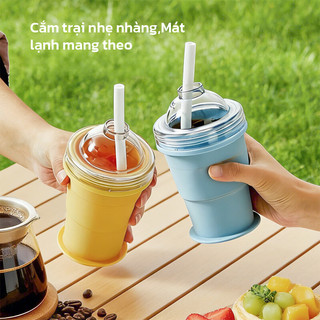 YOWXll  Cốc Gấp Gọn Du Lịch Kết Hợp Làm Đá Viên , Khuôn Làm Đá Kèm Cốc Silicone Có Ống Hút Tiện Lợi