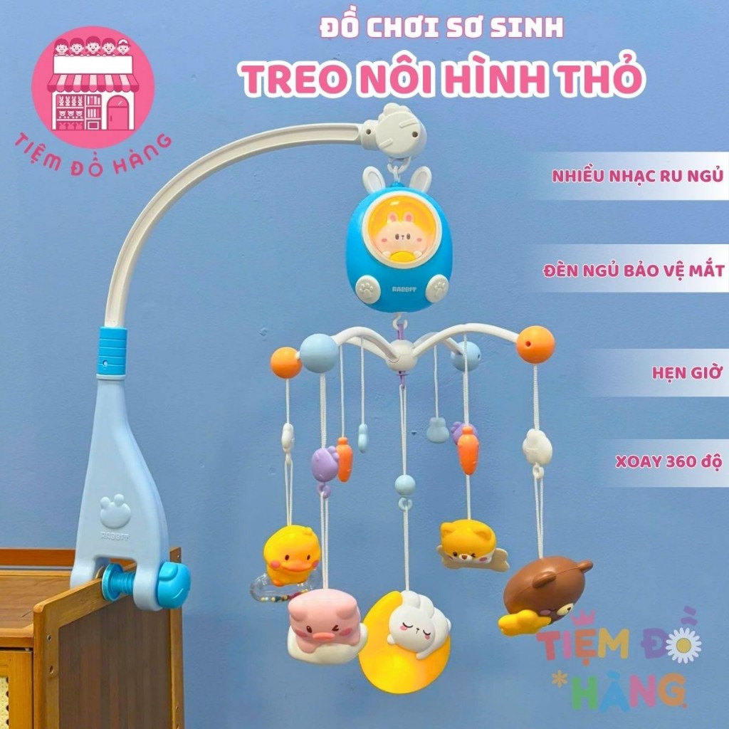 Đồ Chơi Treo Nôi Cũi Hình Thỏ Con Sạc Điện, Xoay 360 Độ, Đèn Nhạc, Có Hẹn Giờ, Kích Thích Thị Giác