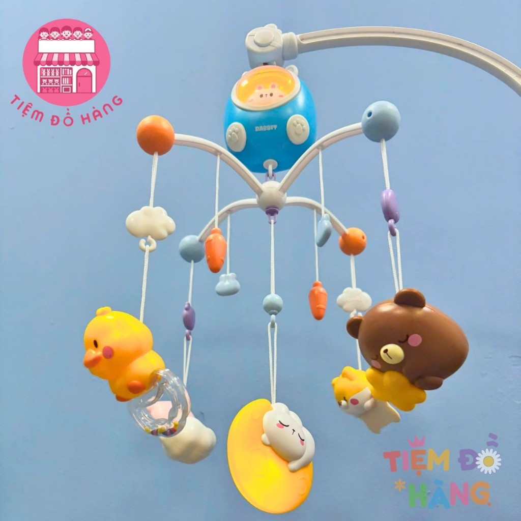 Đồ Chơi Treo Nôi Cũi Hình Thỏ Con Sạc Điện, Xoay 360 Độ, Đèn Nhạc, Có Hẹn Giờ, Kích Thích Thị Giác
