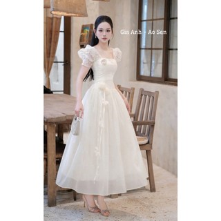 Đầm thời trang nữ phong cách đi tiệc sang xịn chất ren phối tơ thiết kế tay ngắn cổ vuông đính hoa xinh váy dáng xòe