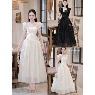 Đầm thời trang nữ phong cách đi tiệc sang xịn chất ren phối tơ thiết kế tay ngắn cổ vuông đính hoa xinh váy dáng xòe