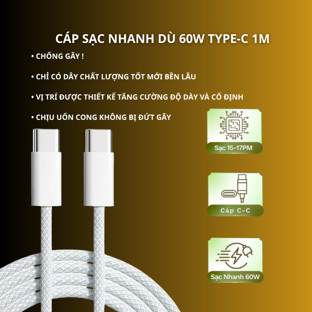 Dây Sạc Nhanh 60W Type C 1m – Cáp PD Sạc Nhanh Cho Điện Thoại & Tablet