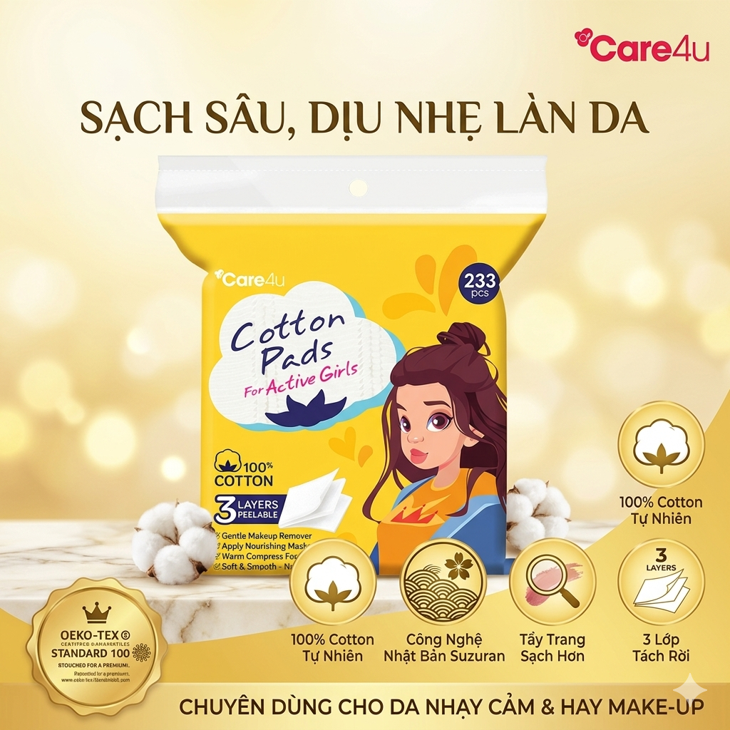 Bông Tẩy Trang Cao Cấp Care4u 3 Lớp Dùng Đắp Toner Chất Liệu Cotton 233 miếng
