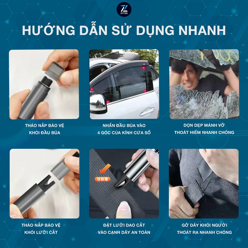 Búa thoát hiểm ô tô chính hãng ZYTEK phá kính khẩn cấp, cắt dây an toàn siêu nhanh, lõi thép cao cấp